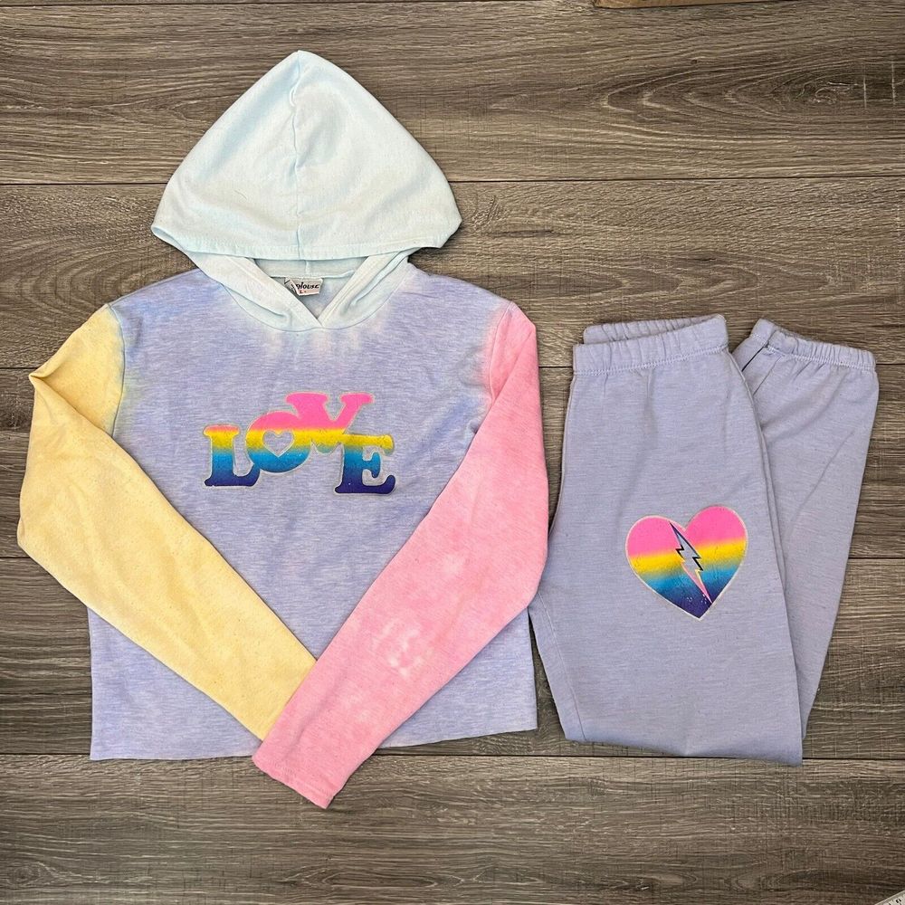 Firehouse Girls Blue Multicolor Love Fleece Jogger Set size Large Heart …